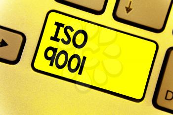 Writing note showing Iso 9001. Business photo showcasing designed help organizations to ensure meet the needs of customers Keyboard yellow Intention create computer computing reflect document