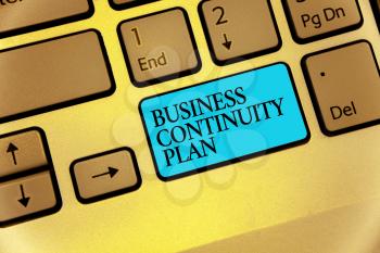 Word writing text Business Continuity Plan. Business concept for creating systems prevention deal potential threats Keyboard blue key Intention create computer computing reflection document