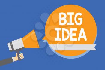 Text sign showing Big Idea. Conceptual photo Having great creative innovation solution or way of thinking Man holding megaphone loudspeaker orange speech bubble blue background