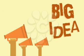 Text sign showing Big Idea. Conceptual photo Having great creative innovation solution or way of thinking Hands holding megaphones loudspeakers important message yellow background