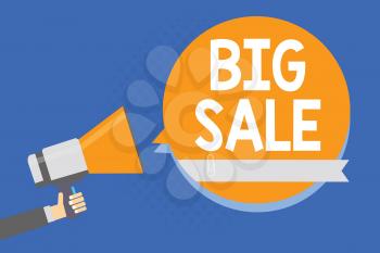 Text sign showing Big Sale. Conceptual photo putting products on high discount Great price Black Friday Man holding megaphone loudspeaker orange speech bubble blue background