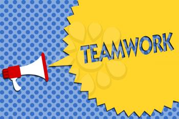 Conceptual hand writing showing Teamwork. Business photo showcasing Group of people who work together as one and with the same aim Megaphone loudspeaker loud scream idea talk halftone speech