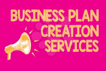 Text sign showing Business Plan Creation Services. Conceptual photo paying for professional to create strategy Megaphone loudspeaker pink background important message speaking loud