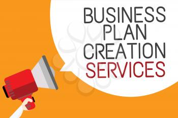 Text sign showing Business Plan Creation Services. Conceptual photo paying for professional to create strategy Man holding megaphone loudspeaker speech bubble message orange background
