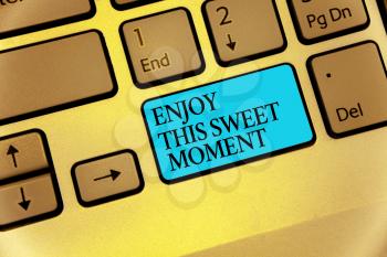 Word writing text Enjoy This Sweet Moment. Business concept for encouraging someone to love his life timeline Keyboard blue key Intention create computer computing reflection document