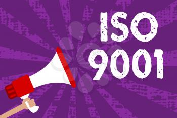 Text sign showing Iso 9001. Conceptual photo designed help organizations to ensure meet the needs of customers Grunge Megaphone loudspeaker loud screaming scream talk rays speech