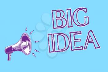 Word writing text Big Idea. Business concept for Having great creative innovation solution or way of thinking Megaphone loudspeaker blue background important message speaking loud