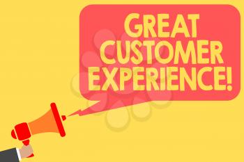 Handwriting text Great Customer Experience. Concept meaning responding to clients with friendly helpful way Man holding megaphone loudspeaker speech bubble message speaking loud