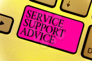 Writing note showing Service Support Advice. Business photo showcasing providing help to others in verbal or action way Keyboard pink key Intention computer computing reflection document