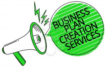 Text sign showing Business Plan Creation Services. Conceptual photo paying for professional to create strategy Megaphone loudspeaker green speech bubble stripes important loud message