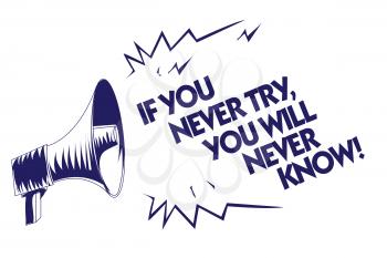 Writing note showing If You Never Try, You Will Never Know. Business photo showcasing Inspiration to make new thing Blue megaphone loudspeaker important message screaming speaking loud