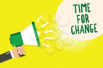 Word writing text Time For Change. Business concept for Changing Moment Evolution New Beginnings Chance to Grow Man holding megaphone loudspeaker speech bubble yellow background halftone