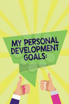 Handwriting text My Personal Development Goals. Concept meaning Desires Wishes Career Business planning Man woman hands thumbs up approval speech bubble origami rays background