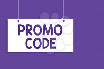 Conceptual hand writing showing Promo Code. Business photo showcasing digital numbers that give you good discount on certain product Hanging board message open close sign purple background