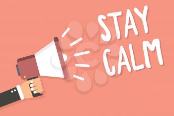 Text sign showing Stay Calm. Conceptual photo Maintain in a state of motion smoothly even under pressure Man holding megaphone loudspeaker pink background message speaking loud