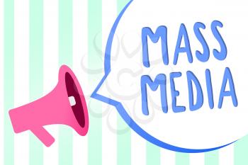 Handwriting text Mass Media. Concept meaning Group people making news to the public of what is happening Megaphone loudspeaker stripes background important message speech bubble