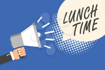 Conceptual hand writing showing Lunch Time. Business photo text Meal in the middle of the day after breakfast and before dinner Man holding megaphone loudspeaker speech bubble blue background