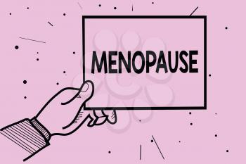 Word writing text Menopause. Business concept for Period of permanent cessation or end of menstruation cycle Man hand holding paper communicating information dotted purple background