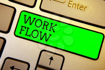 Writing note showing Work Flow. Business photo showcasing Continuity of a certain task to and from an office or employer Keyboard green key Intention computer computing reflection document