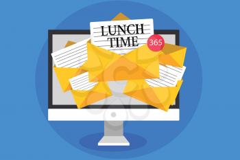Text sign showing Lunch Time. Conceptual photo Meal in the middle of the day after breakfast and before dinner Computer receiving emails important messages envelopes with papers virtual
