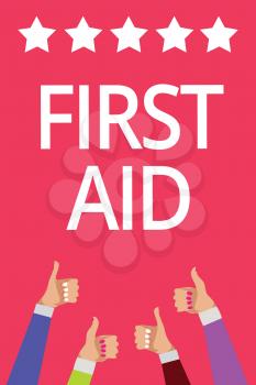 Word writing text First Aid. Business concept for Practise of healing small cuts that no need for medical training Men women hands thumbs up approval five stars information pink background