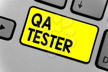 Writing note showing Qa Tester. Business photo showcasing Quality assurance of an on going project before implementation Keyboard yellow key Intention computer computing reflection document