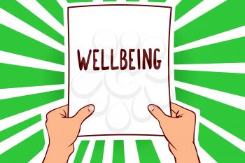 Handwriting text Wellbeing. Concept meaning A good or satisfactory condition of existence including health Man holding paper important message remarkable green rays enlighten ideas