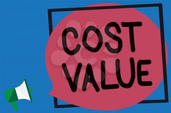 Conceptual hand writing showing Cost Value. Business photo showcasing The amount that usualy paid for a item you buy or hiring a person Megaphone loud screaming blue background frame speech bubble