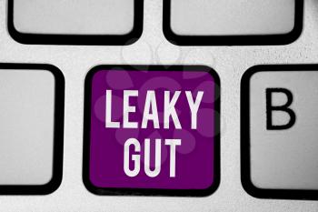 Writing note showing Leaky Gut. Business photo showcasing A condition in which the lining of small intestine is damaged Keyboard purple key Intention computer computing reflection document