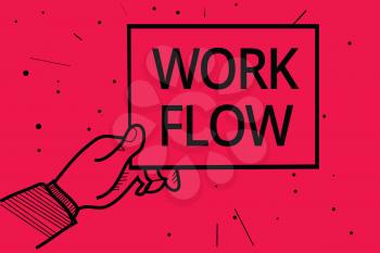 Conceptual hand writing showing Work Flow. Business photo text Continuity of a certain task to and from an office or employer Man holding paper communicating information dotted red background