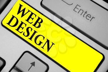 Writing note showing Web Design. Business photo showcasing who is responsible of production and maintenance of websites Keyboard yellow key Intention computer computing reflection document