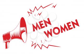 Handwriting text Men Women. Concept meaning The state where in a boy or a girl turns to be a mature adult Red megaphone loudspeaker important messages screaming speaking loud