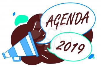 Word writing text Agenda 2019. Business concept for list of activities in order which they are to be taken up Megaphone loudspeaker speech bubbles important message speaking out loud