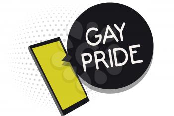Writing note showing Gay Pride. Business photo showcasing Dignity of an idividual that belongs to either a man or woman Cell phone receiving text messages chat information using applications