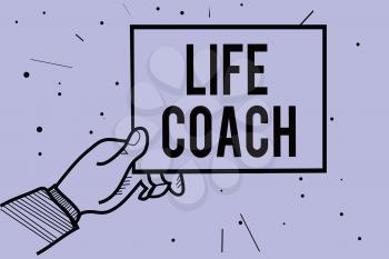 Handwriting text writing Life Coach. Concept meaning A person who advices clients how to solve their problems or goals Man hand holding paper communicating information dotted purple background