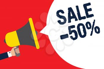 Text sign showing Sale 50. Conceptual photo A promo price of an item at 50 percent markdown Man holding megaphone loudspeaker speech bubble message speaking loud