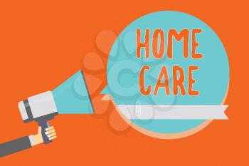 Conceptual hand writing showing Home Care. Business photo showcasing Place where people can get the best service of comfort rendered Man holding megaphone blue speech bubble orange background
