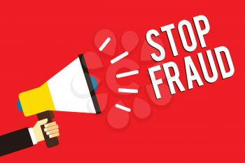 Word writing text Stop Fraud. Business concept for campaign advices people to watch out thier money transactions Man holding megaphone loudspeaker red background message speaking loud