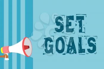 Text sign showing Set Goals. Conceptual photo Defining or achieving something in the future based on plan Megaphone loudspeaker blue stripes important message speaking out loud