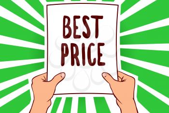 Handwriting text Best Price. Concept meaning Buyer or seller can obtain something for a product sold or buy Man holding paper important message remarkable green rays enlighten ideas