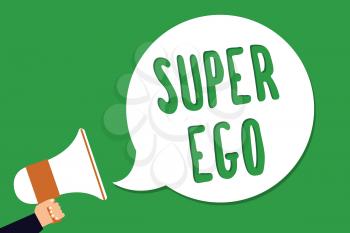 Conceptual hand writing showing Super Ego. Business photo showcasing The I or self of any person that is empowering his whole soul Man holding megaphone loudspeaker screaming green background