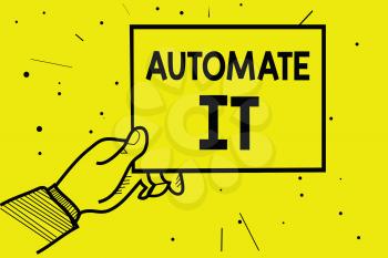 Word writing text Automate It. Business concept for convert process or facility to be operated automatic equipment. Man hand holding paper communicating information dotted yellow background