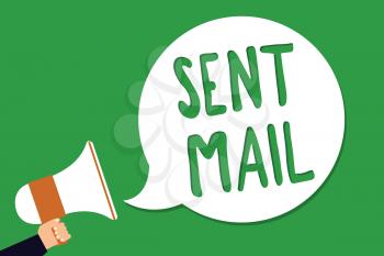 Conceptual hand writing showing Sent Mail. Business photo showcasing Event where a letter to be taken somewhere or goes to the receiver Man holding megaphone loudspeaker screaming green background