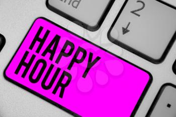 Text sign showing Happy Hour. Conceptual photo Spending time for activities that makes you relax for a while Keyboard purple key Intention create computer computing reflection document