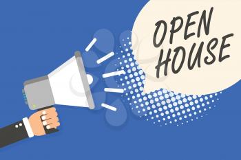Conceptual hand writing showing Open House. Business photo text you can come whatever whenever want Make yourself at home Man holding megaphone loudspeaker speech bubble blue background