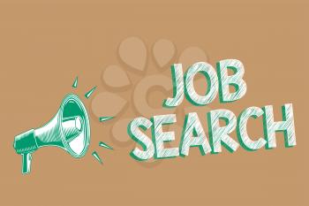 Conceptual hand writing showing Job Search. Business photo showcasing An act of person to find work suited for his profession Megaphone brown background important message speaking loud