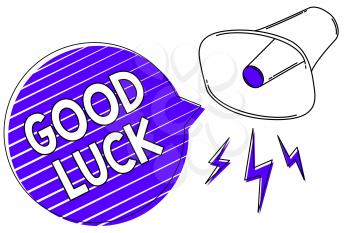 Writing note showing Good Luck. Business photo showcasing A positive fortune or a happy outcome that a person can have Megaphone loudspeaker blue speech bubble stripes important message