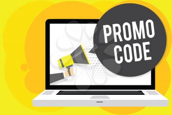 Conceptual hand writing showing Promo Code. Business photo showcasing digital numbers that give you good discount on certain product Man holding Megaphone computer screen talking speech bubble