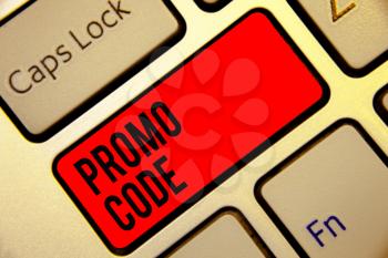Conceptual hand writing showing Promo Code. Business photo text digital numbers that give you good discount on certain product Keyboard red key create computer computing reflection document