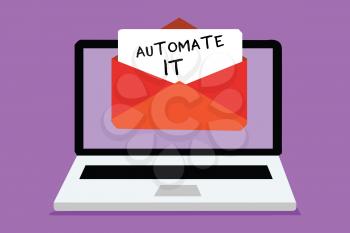 Word writing text Automate It. Business concept for convert process or facility to be operated automatic equipment. Computer receiving email important message envelope with paper virtual